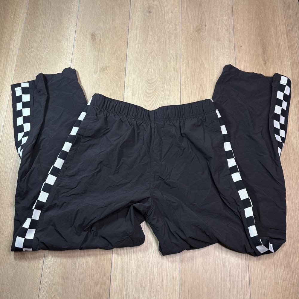 Vans Men Black Nylon Checkerboard Side Stripe Track Pants Large Joggers Wide Leg